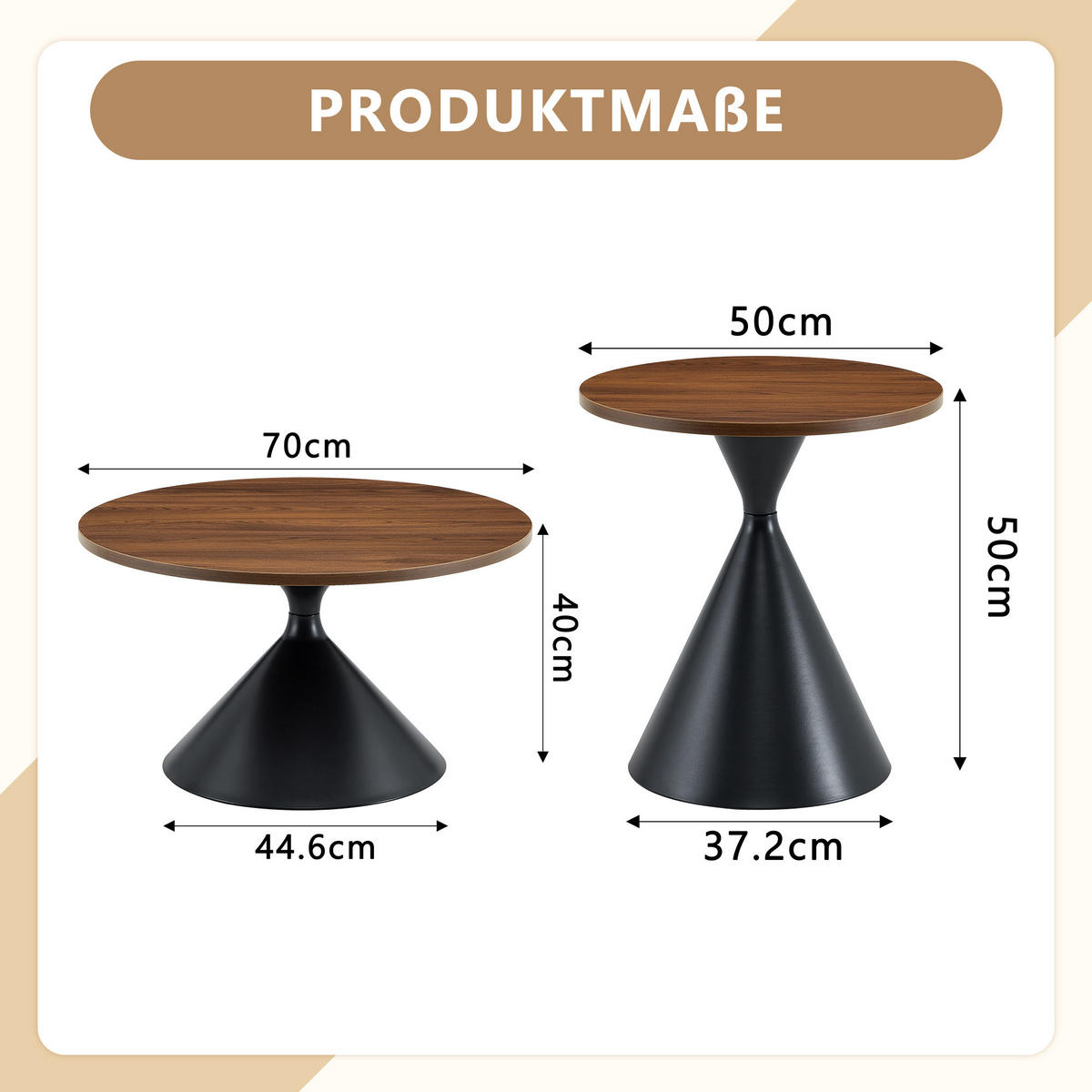 COUCHTISCH-SET DE-37434 2er-Set konusförmig mit Nussbaumoptik Nussbaum/Schwarz - Walnussfarben/Schwarz, Metall (50/50/50cm) - ComfortXL