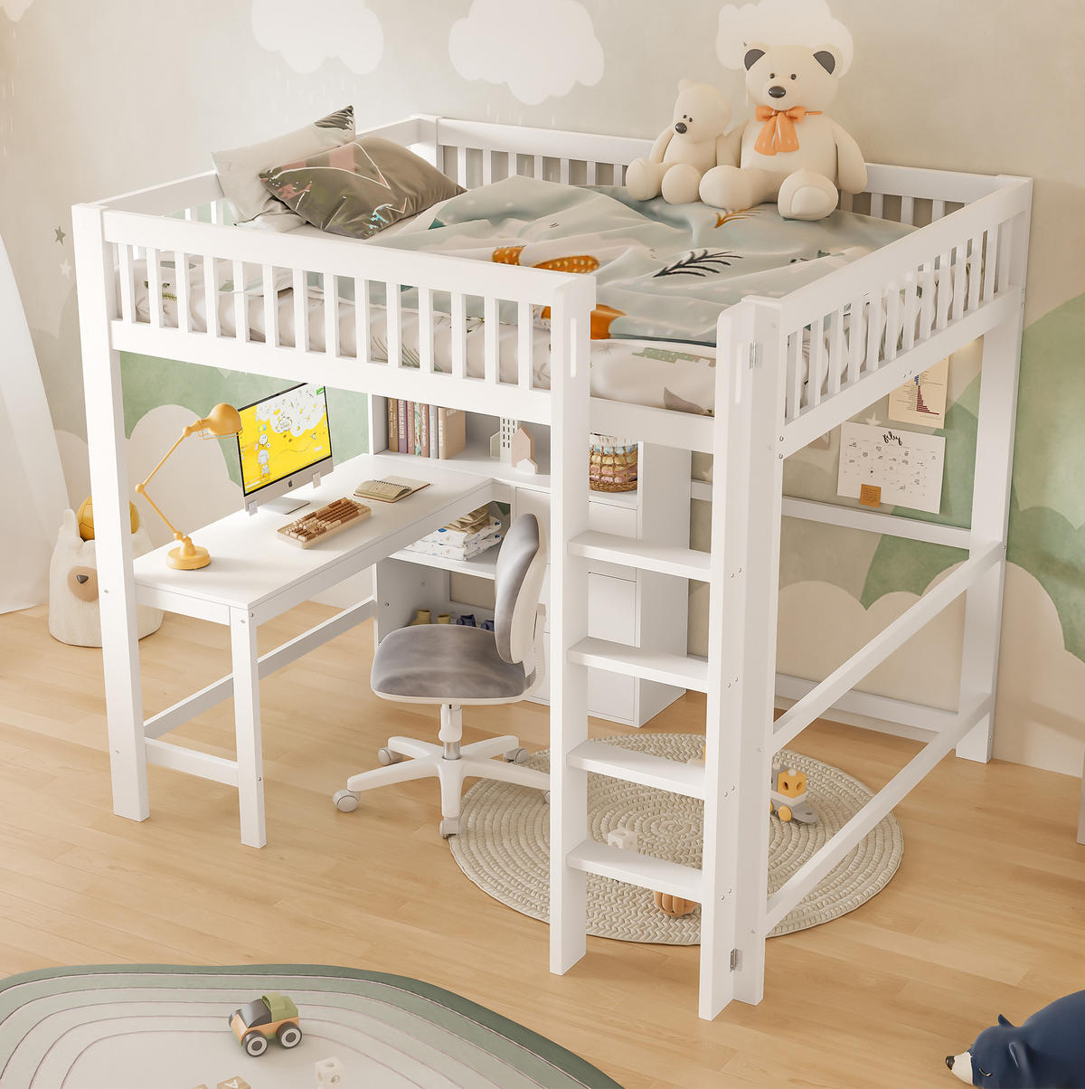 HOCHBETT 140/200 cm, Weiß mit Schreibtisch, 3 Schubladen, ohne Matratze - Weiß, Holzwerkstoff (140/200cm) - MIVRAY