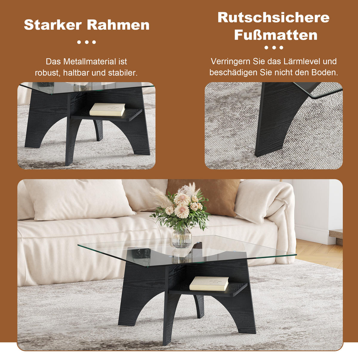 COUCHTISCH 80/80/40 cm Schwarz mit Sicherheitsglasplatte und Ablagefach aus MDF - Schwarz, Holzwerkstoff (80/80/40cm) - OKWISH