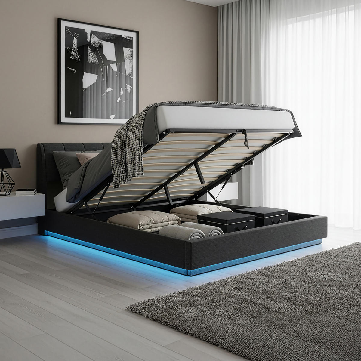 LED ČALOUNĚNÁ POSTEL Tröstiar - černá, kov/kompozitní dřevo (180/200cm) - [en.casa]