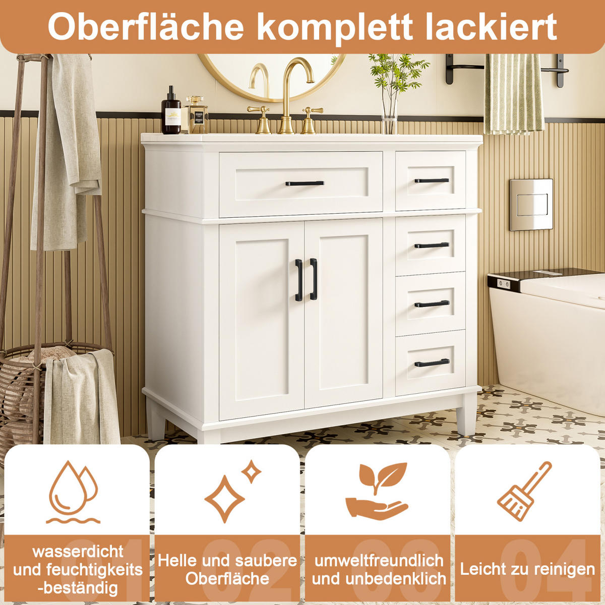 WASCHTISCH 90/46 cm,mit Keramikbecken und Schubladen Klappfach,Weiß - Weiß, Holz/Metall (96/87/46cm) - PARAFTA HOME