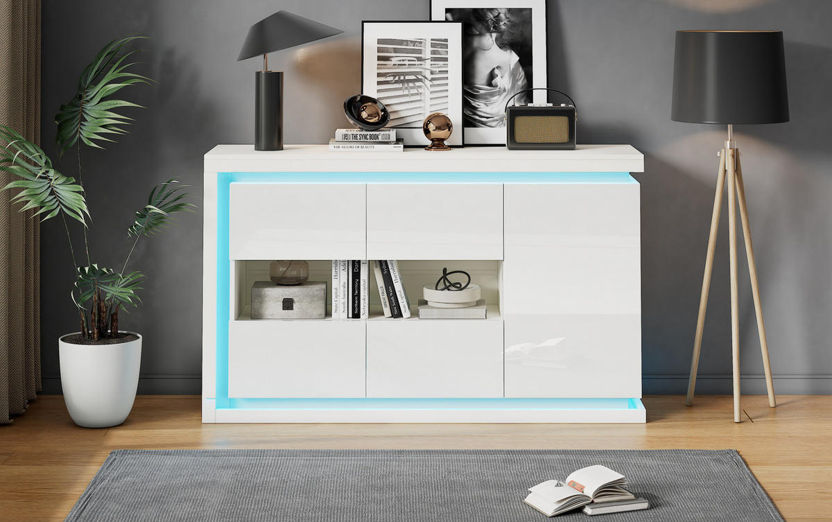 SIDEBOARD 140/40/84 cm, weißer Hochglanz-Vorderteil, 3 Türen mit 2 Gehärtet-Glas-Fronten und fernbedienbarer LED-Beleuchtung, Weiß - Weiß, Holzwerkstoff (140/84/40cm) - Redom