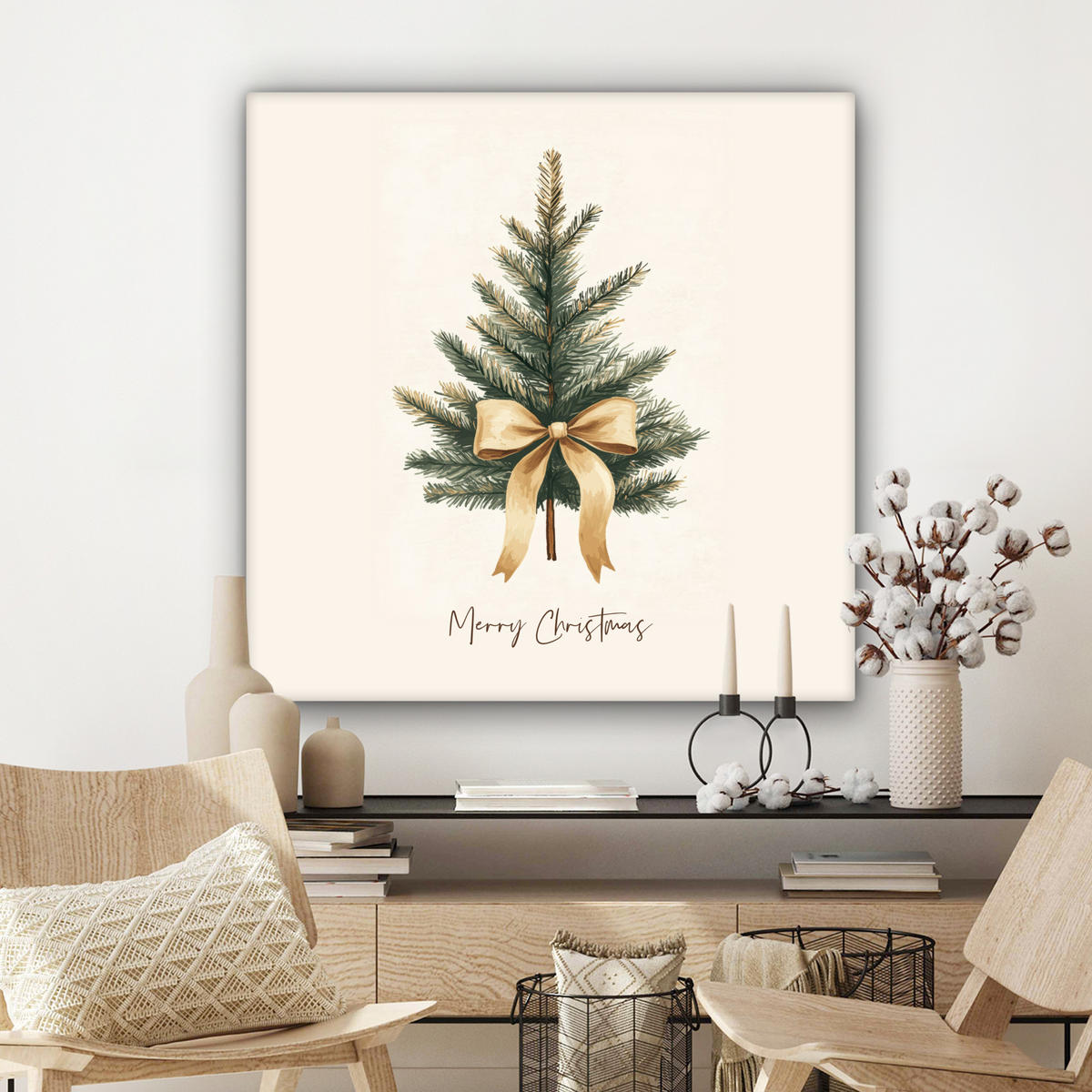 LEINWANDBILD Weihnachtsbaum - Weihnachten - Frohe Weihnachten - Beige Deko Groß 90x90 cm - Sandfarben, Textil (90/90cm) - MuchoWow