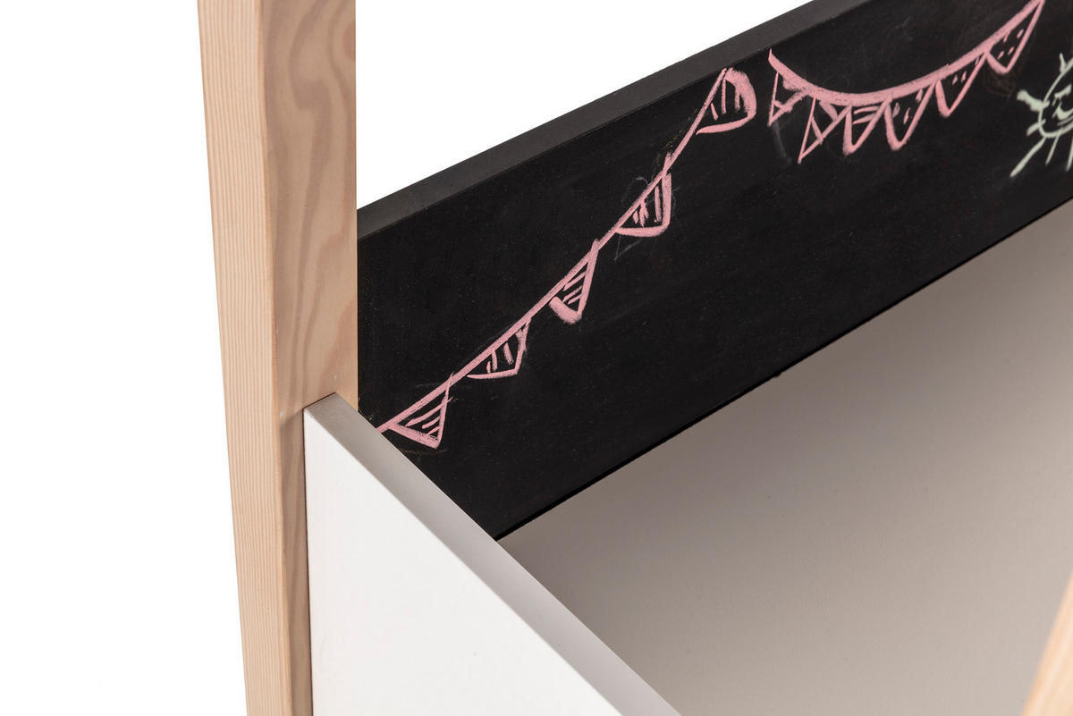 BÜRO mit Schiefertafel in Hausform, dekoriert in weißem Hochglanz und hellem Holz, L100 cm 40/100/155 cm - Weiß, Holz (40/155/100cm) - Calicosy