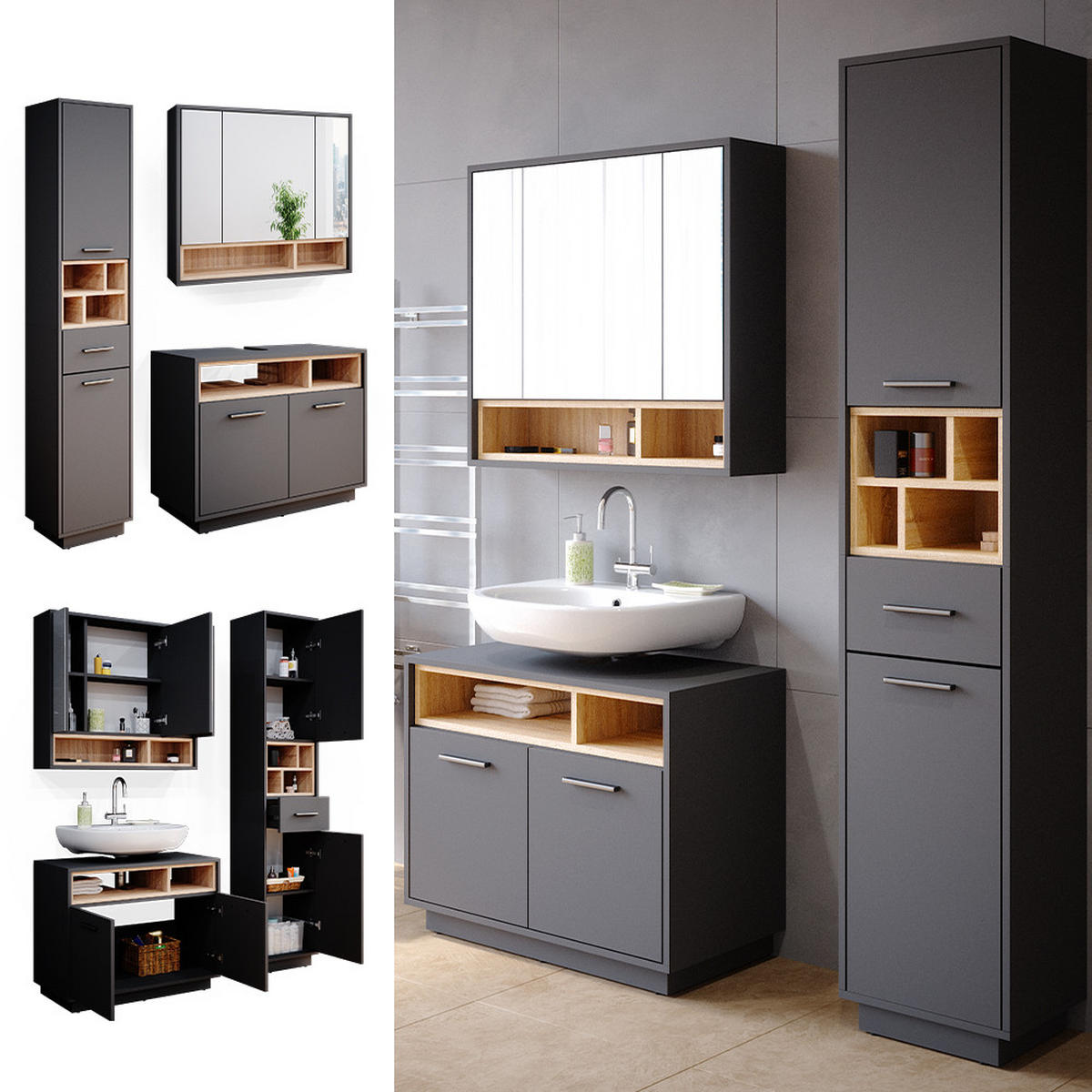 BADMÖBEL-SET Beatrice Anthrazit 3 Teile, mit Hochschrank - Anthrazit/Sonoma Eiche, Holzwerkstoff (80/64/40cm) - Vicco