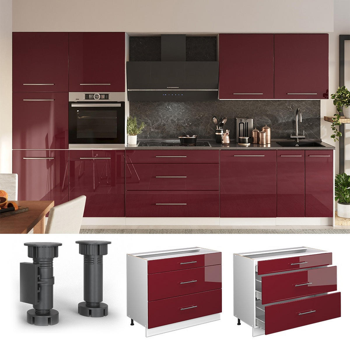 KUCHYNSKÁ SPODNÁ SKRINKA Fame-Line, Bordeaux vysoký lesk/biely, 100 cm, AP Antracit - biela/bordová, kompozitné drevo (100/82/60cm) - Vicco