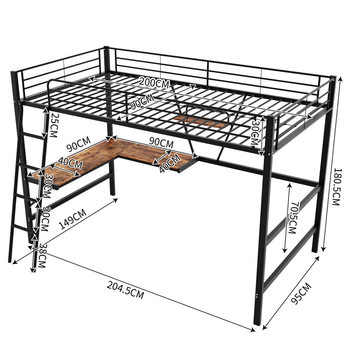 HOCHBETT 90/200 cm aus Metall mit L-förmigem Schreibtisch und Regal Schwarz - Schwarz, Metall (90/200cm) - Modenvie