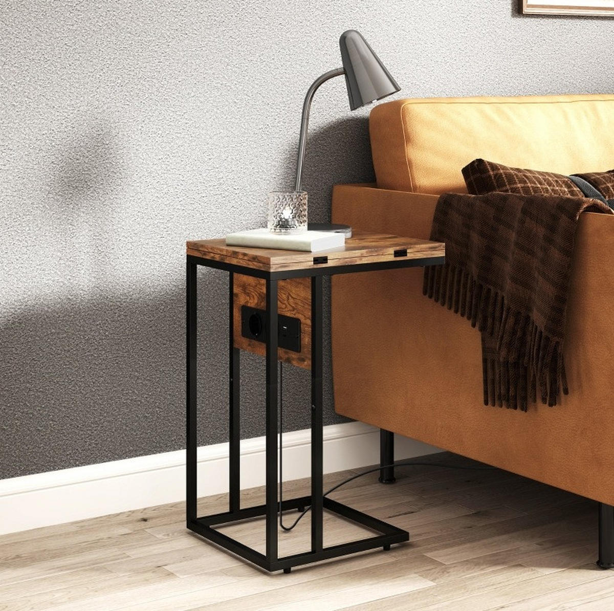 BEISTELLTISCH klappbar mit Ladestation 39 x 29/58 x 57 cm Braun Schwarz - Braun, Holz (39/29/57cm) - Meubliv