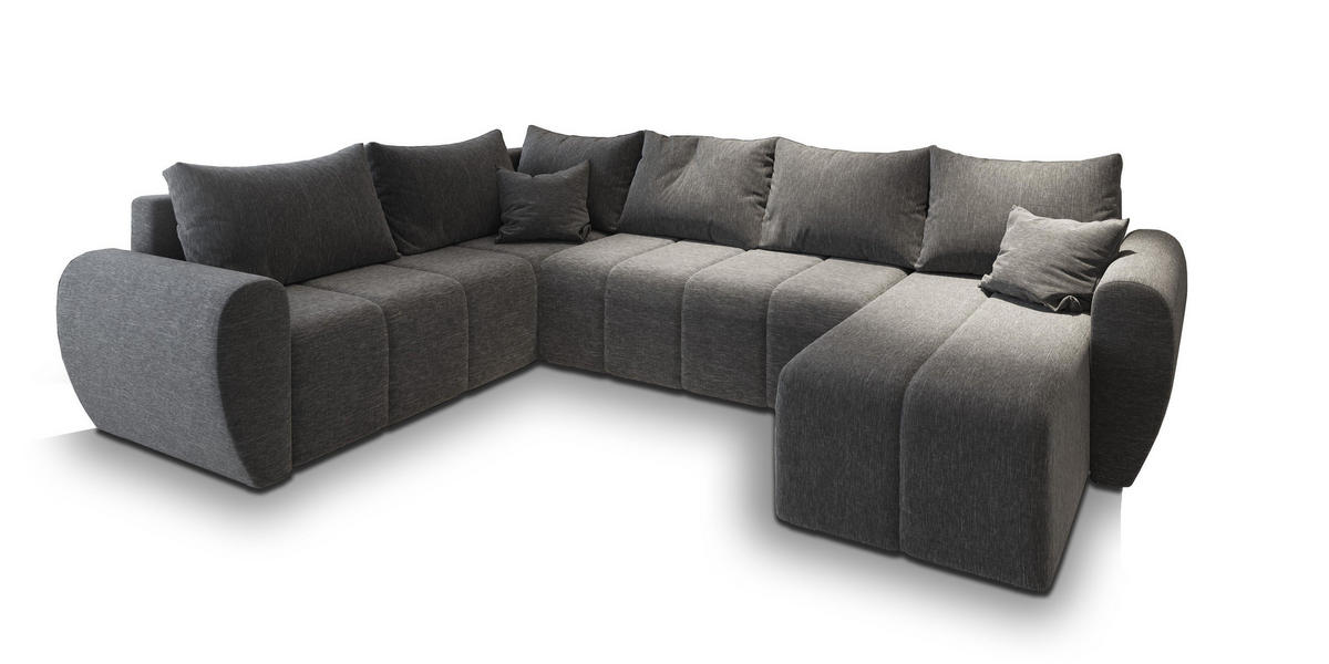 WOHNLANDSCHAFT MADISON XL L-S Hellgrau Dünner Stoff mit Schlaffunktion - Hellgrau, Holz (303/82/208cm) - MASSENO
