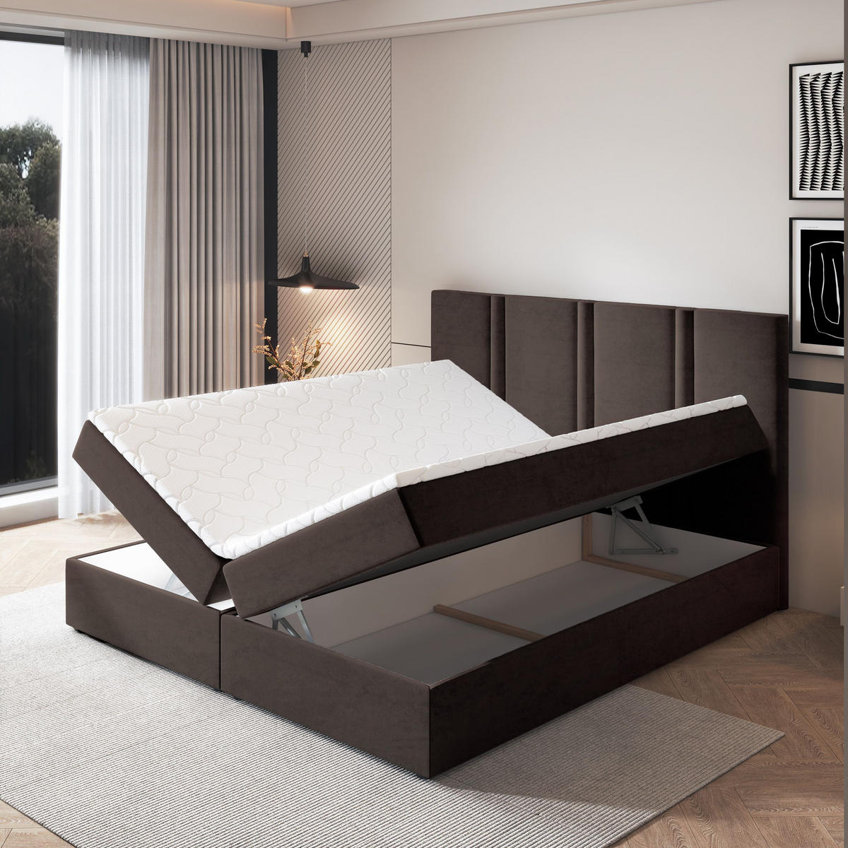 BOXBETT LARIO 140x200 cm mit Matratze und Topper - Braun - Braun, Holz (140/200cm) - MASSENO