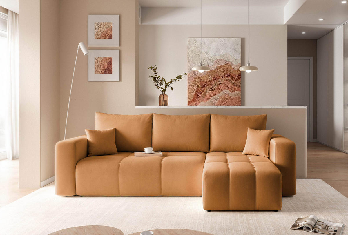 ECKSOFA Senfgelb Velours mit Bettkasten und Schlaffunktion - Honig, Textil (248/145cm) - Idohome