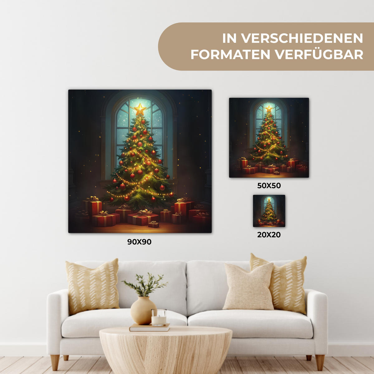 LEINWANDBILD Weihnachtsbaum - Geschenk - Winter 50x50 cm - Grün, Textil (50/50cm) - MuchoWow
