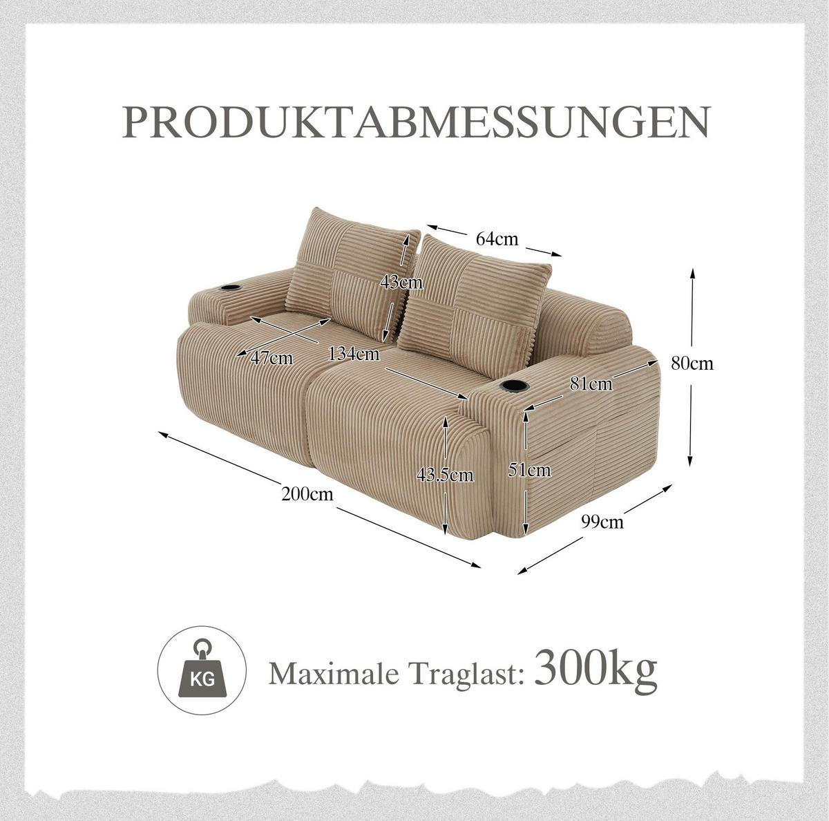 2-SITZER Sofa Cord mit Getränkehalter und Seitentasche 200/99/80 cm Sandfarben - Sandfarben, Textil (99/80/200cm) - Redom