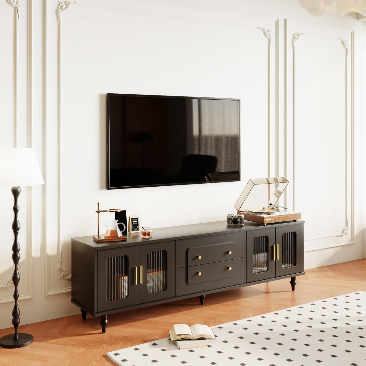 TV-LOWBOARD Retro Glas Tür Holzbeine - Schwarz, Holzwerkstoff (175/55.5/38cm) - LEBENLANG