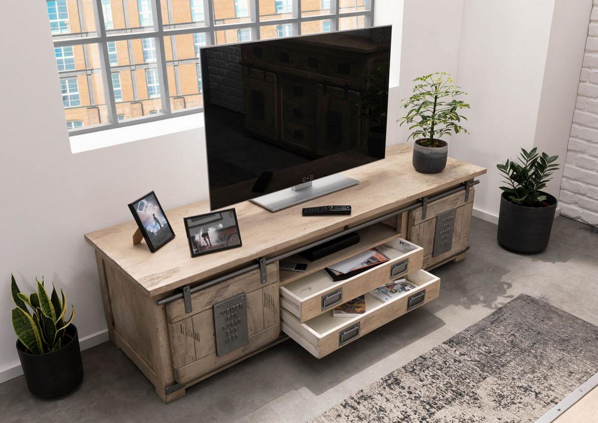 TV-BOARD Mango 180x55x50 whitewash lackiert RAILWAY #346 - Beige, Holz (180/50/55cm) - Massivmoebel24