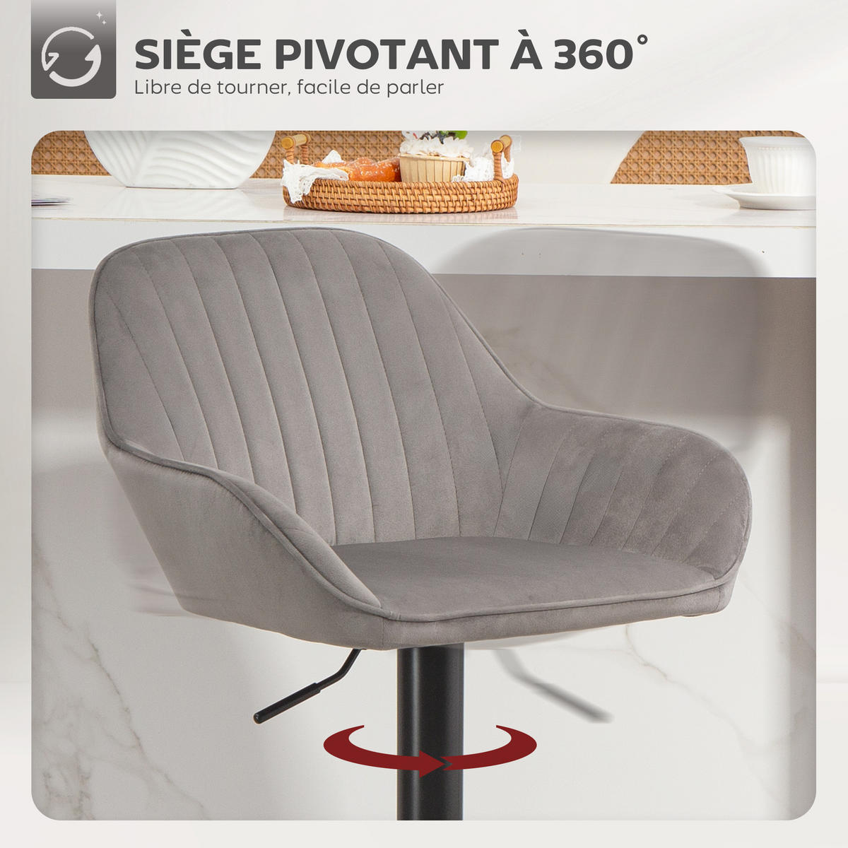 BARHOCKER 2er-Set DE-14770 höhenverstellbar & schwenkbar mit Veloursbezug Grau - Grau, Metall (50/107/50.5cm) - ComfortXL