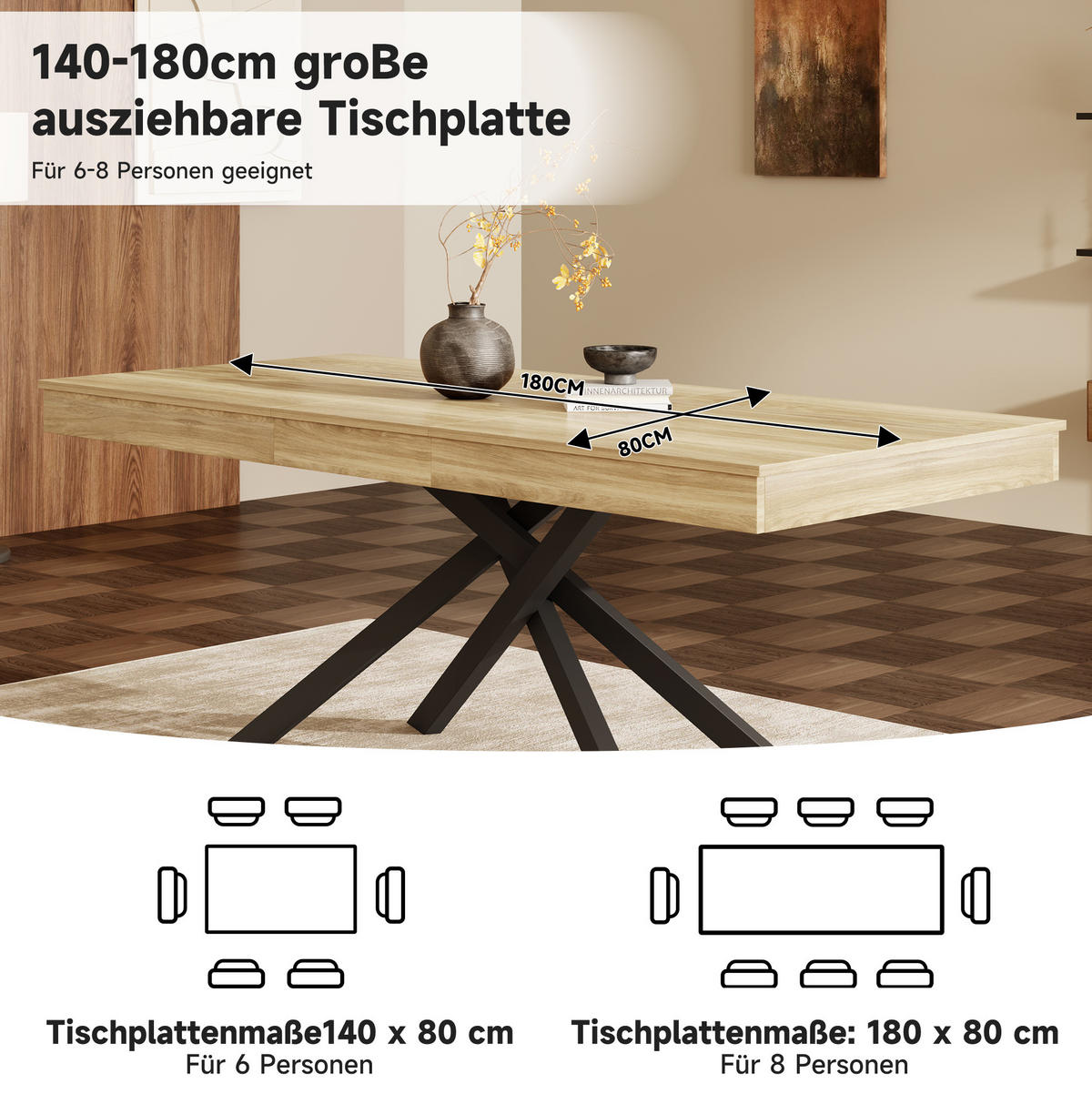 AUSZIEHTISCH 140/180/80 cm Eiche MDF-Esstisch mit 93 mm Tischplatte - Eichefarben, Holzwerkstoff (180/80/76cm) - OKWISH