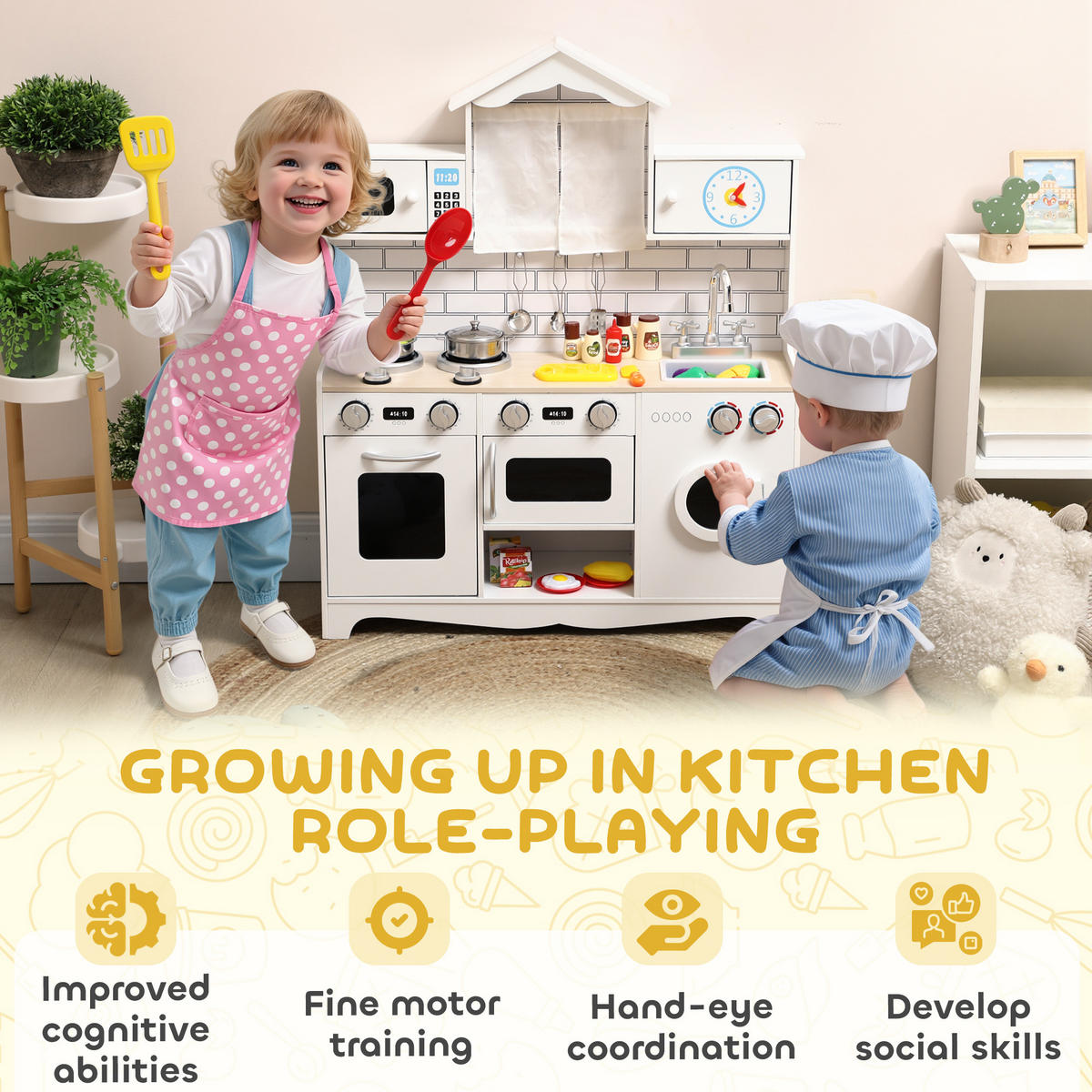 KINDERKÜCHE DE-10376 Spielküche mit Ofen & Spüle Weiß - Weiß, Holzwerkstoff (79.5/24/94cm) - ComfortXL