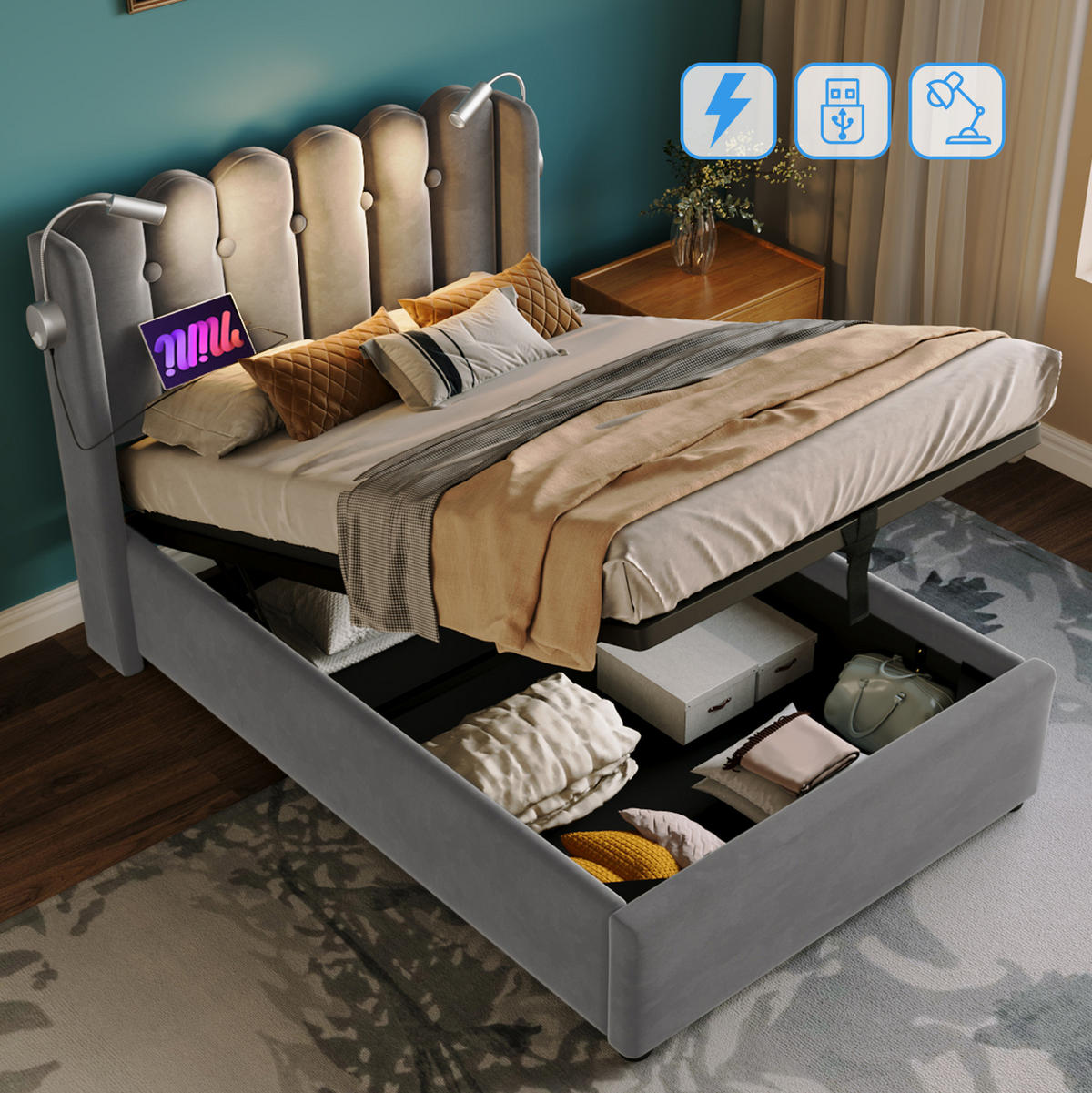 POLSTERBETT 90/200 cm Grau aus Samt mit Bettkasten und USB - Grau, Textil (90/200cm) - OKMYHOME