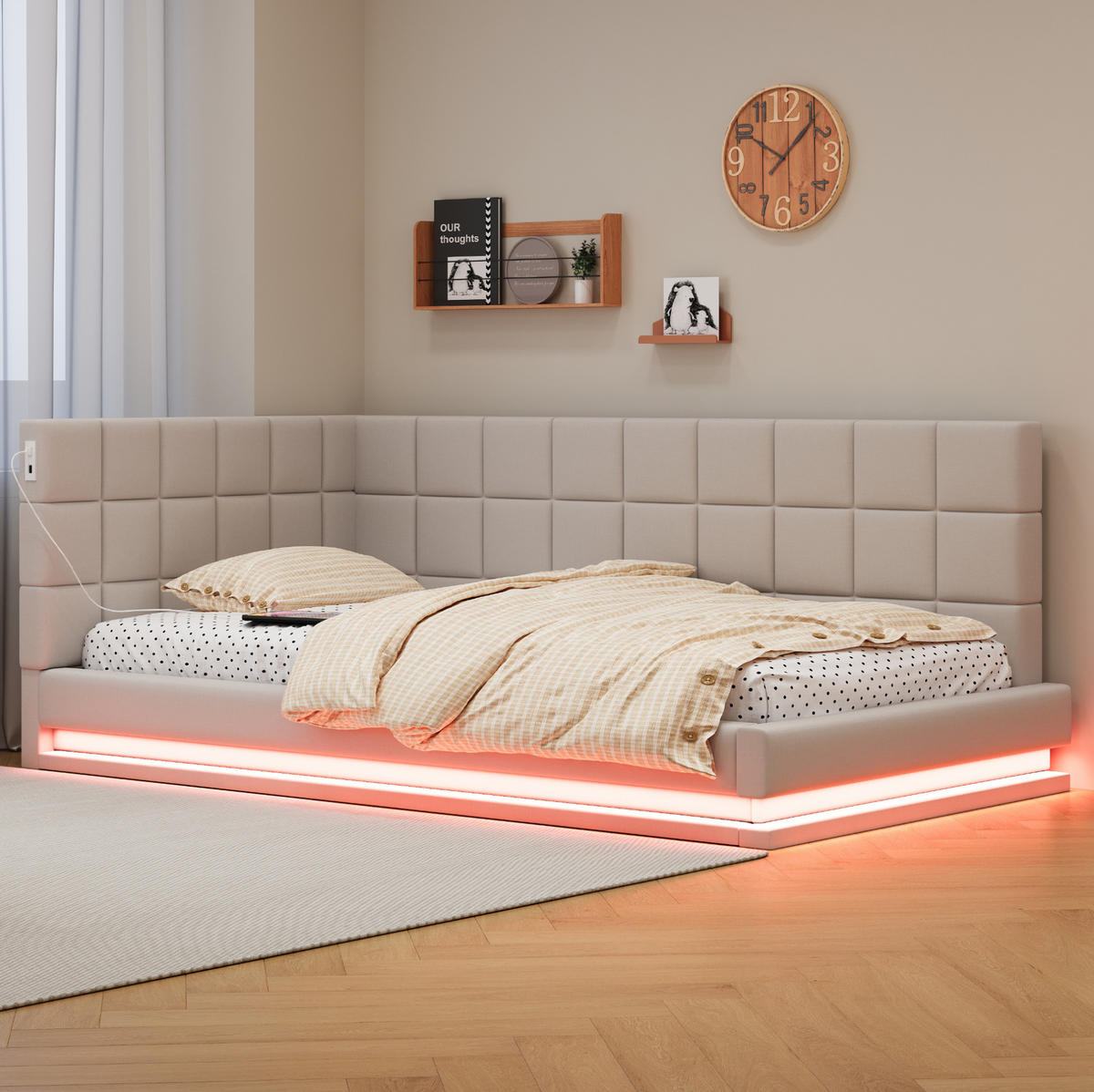 ČALÚNENÁ posteľ z ľanu 90x200 cm béžová s LED osvetlením, USB portom a latkovým roštom - béžová, textil (90/200cm) - Modfu