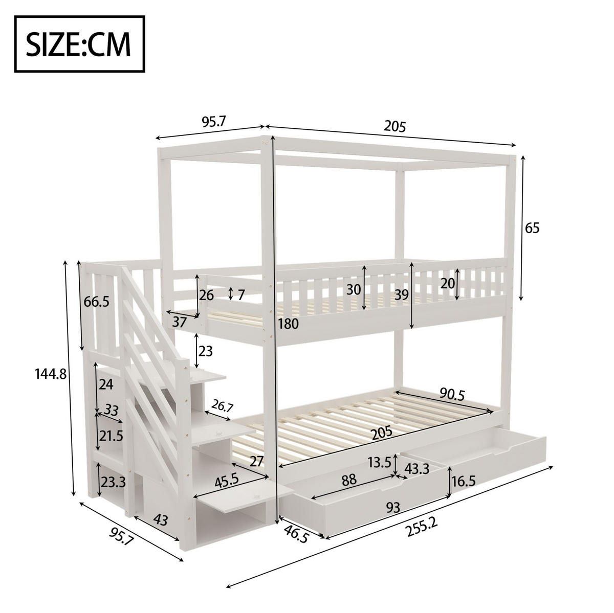 ETAGENBETT 90/200 cm mit Sicherheitsleiter, Schubladen und Hausform, Weiß - Weiß, Holzwerkstoff (90/200cm) - Redom