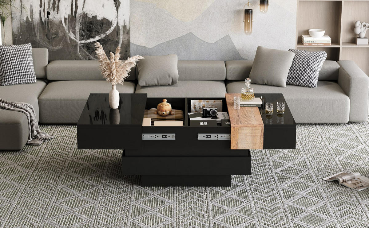 COUCHTISCH mit ausziehbarer Platte & Stauraum, MDF/PB, Schwarz-Holz Optik, Hochglanz, 70/70/39 cm,Schwarz - Schwarz, Holzwerkstoff (70/70/39cm) - Redom