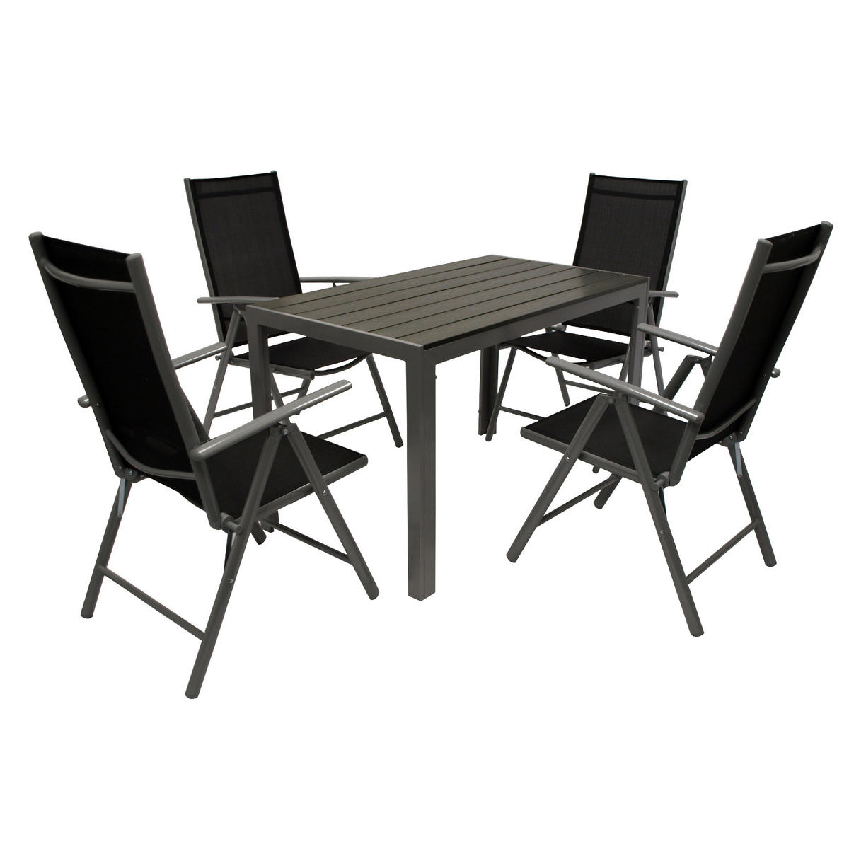 GARTEN-GARNITUR Ashford - 5-tlg. (4x Klappsessel mit Armlehnen, 1x Tisch 125x70cm), Gestelle aus Aluminium grau - Schwarz, Metall - TPFGarden
