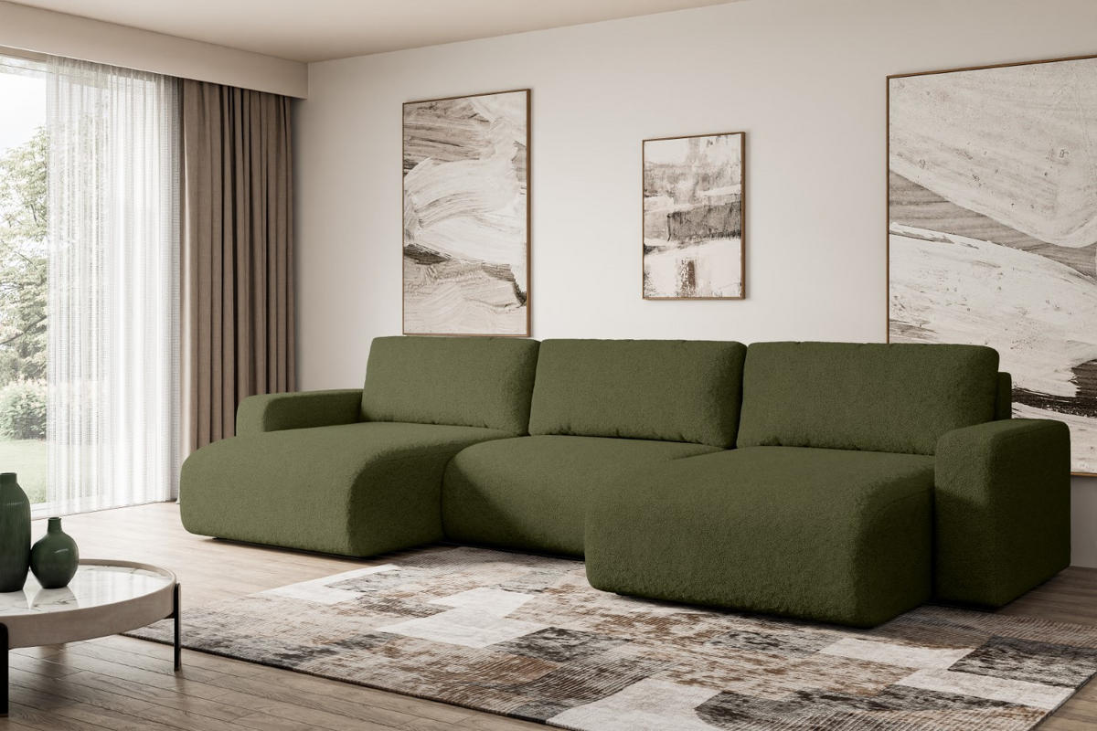 WOHNLANDSCHAFT mit Schlaffunktion und Bettkasten KLEEA-U - 347x143x83 cm Grün Bouclé - Schwarz/Grün, Holzwerkstoff/Kunststoff (347/83/143cm) - ALTDECOR
