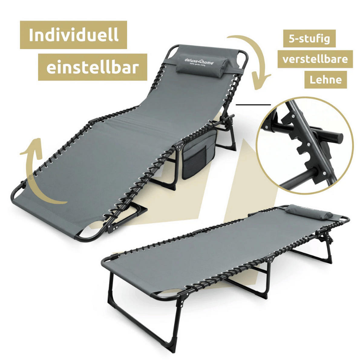 SONNENLIEGE klappbar wetterfest LUNA Mit Kopfkissen Anthrazit - Anthrazit, Metall (69/30/190cm) - DELUKE