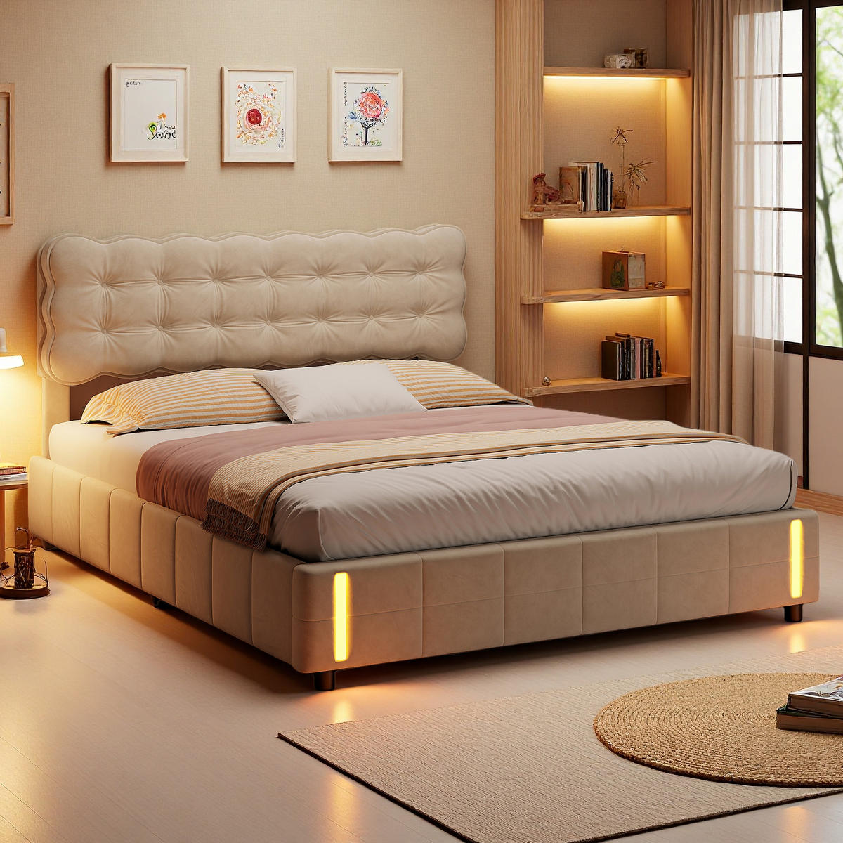 POLSTERBETT 140/200 cm Beige mit Bettkasten und LED-Beleuchtung - Beige, Holz (140/200cm) - SHOPENTRA