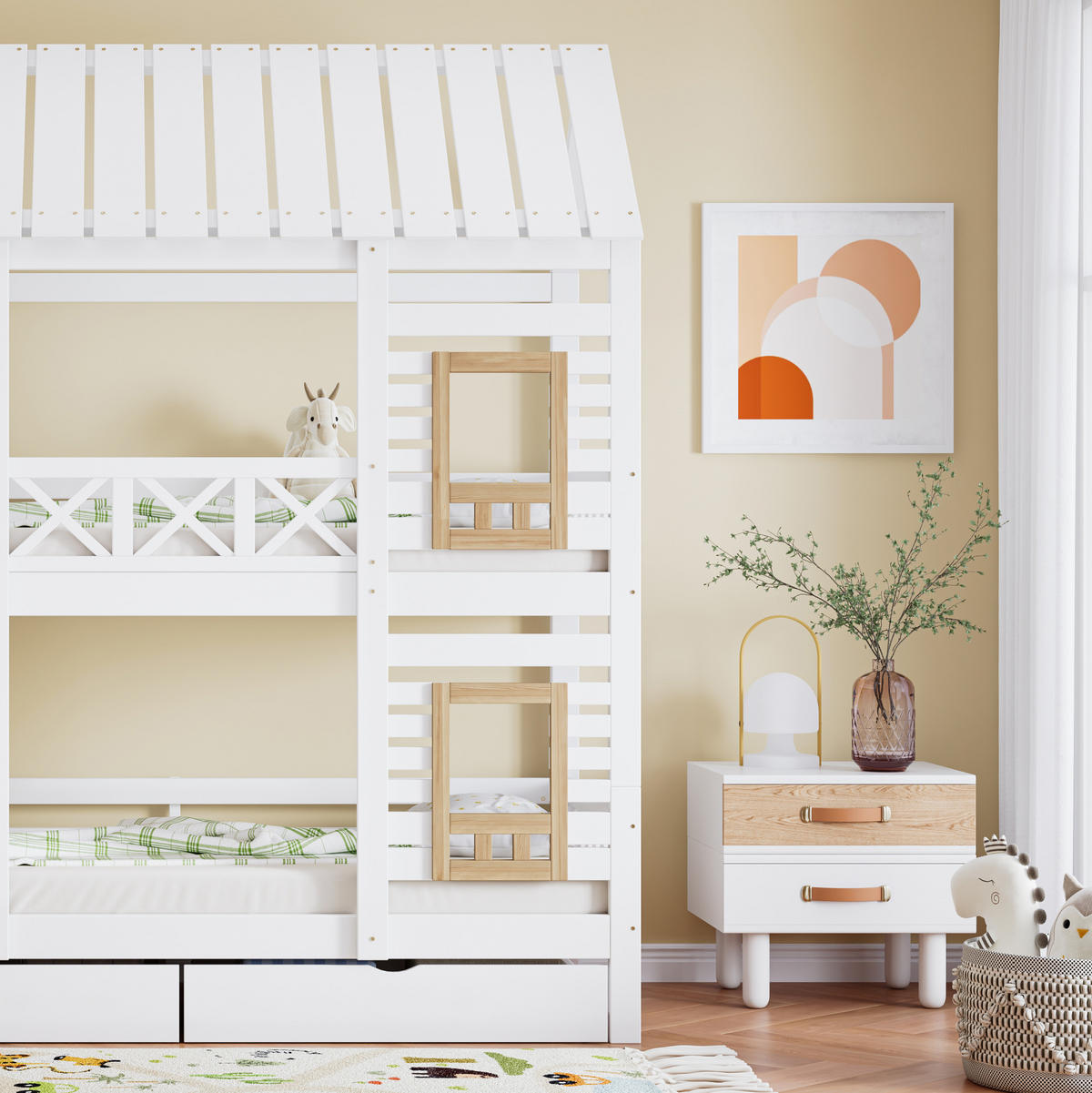 POSCHODOVÁ posteľ 254/95/230 cm biela/prírodná z masívu a MDF s oknami, úložnými schodmi a 2 zásuvkami - biela, drevo (90/200cm) - OKWISH
