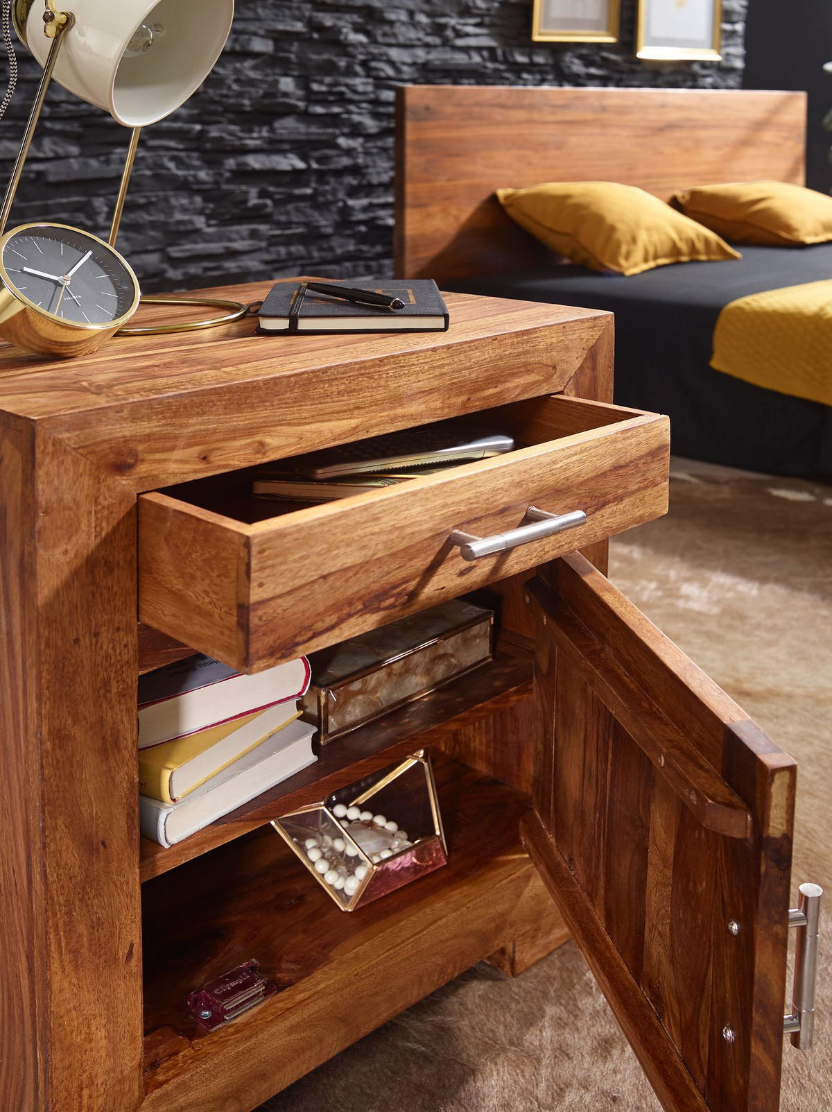 NACHTTISCH Massivholz Schublade Tür Landhausstil, Braun 50x40x60 cm - Braun, Holz/Metall (50/60/40cm) - KADIMA DESIGN