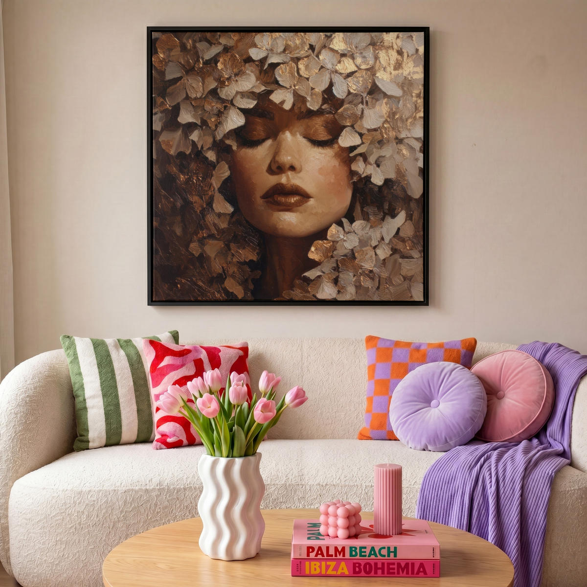 LEINWAND Bilder mit Rahmen - Gesicht - Dame - Blätter - Pinselstriche - 90x90 - Goldfarben, Textil (90/90cm) - MuchoWow
