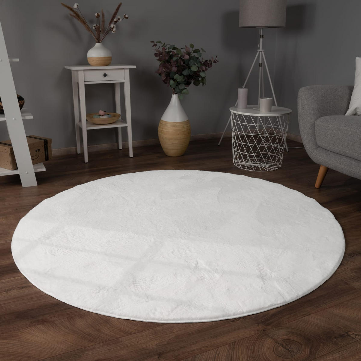TEPPICH Kurzflor waschbar Einfarbig Wohnzimmer schmutzabweisend Weiß Rund 160D - Weiß, Textil (160/160cm) - KADIMA DESIGN