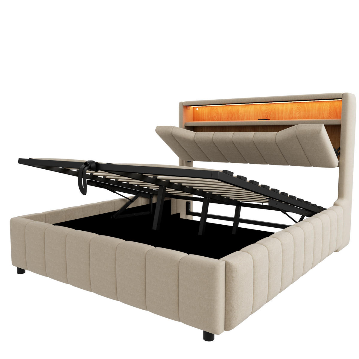 STAURAUMBETT 140/200 cm mit Hydraulik und LED, DE-41942, in Beige - Beige, Metall (140/200cm) - ComfortXL