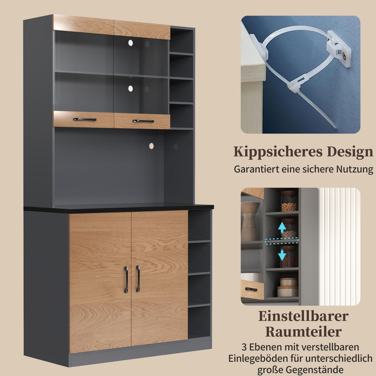 BUFFET 100/187/47 cm Grau/Natur aus MDF und Glas mit LED-Beleuchtung - Naturfarben, Holzwerkstoff (47/187/100cm) - OKMYHOME