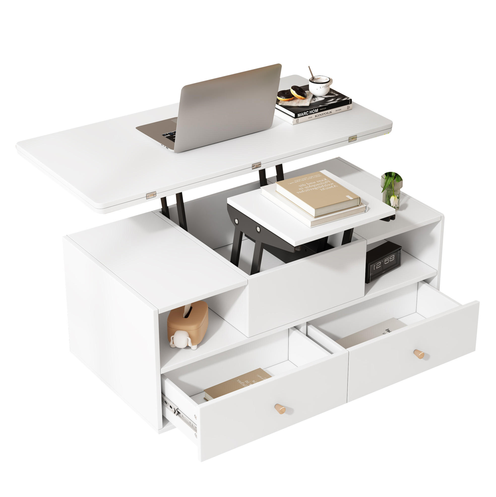 COUCHTISCH höhenverstellbar 100 x 50 cm MDF Weiß mit 4 Schubladen - Weiß, Holz (100/50/47.5cm) - Meubliv