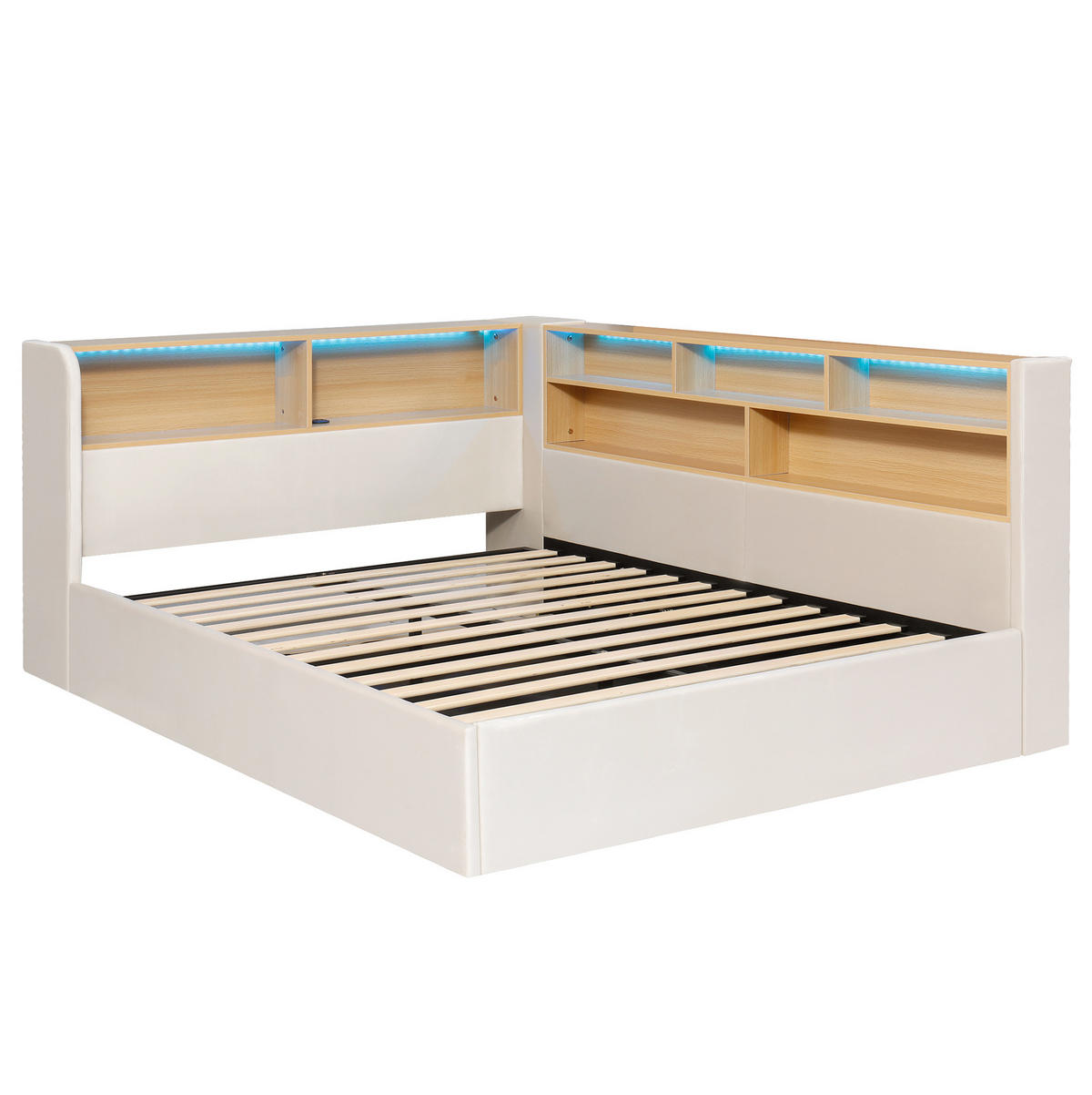 POSTEL 140/190 cm s LED osvětlením, USB a USB-C porty, hydraulickým úložným prostorem, béžová - béžová, textil (140/190cm) - Redom