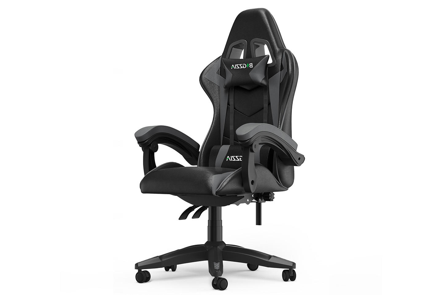 GAMING-STUHL ergonomisch, verstellbare Rückenlehne, Kissen – Schwarz/Grau - Grau, Leder (59/120/56cm) - Rattantree