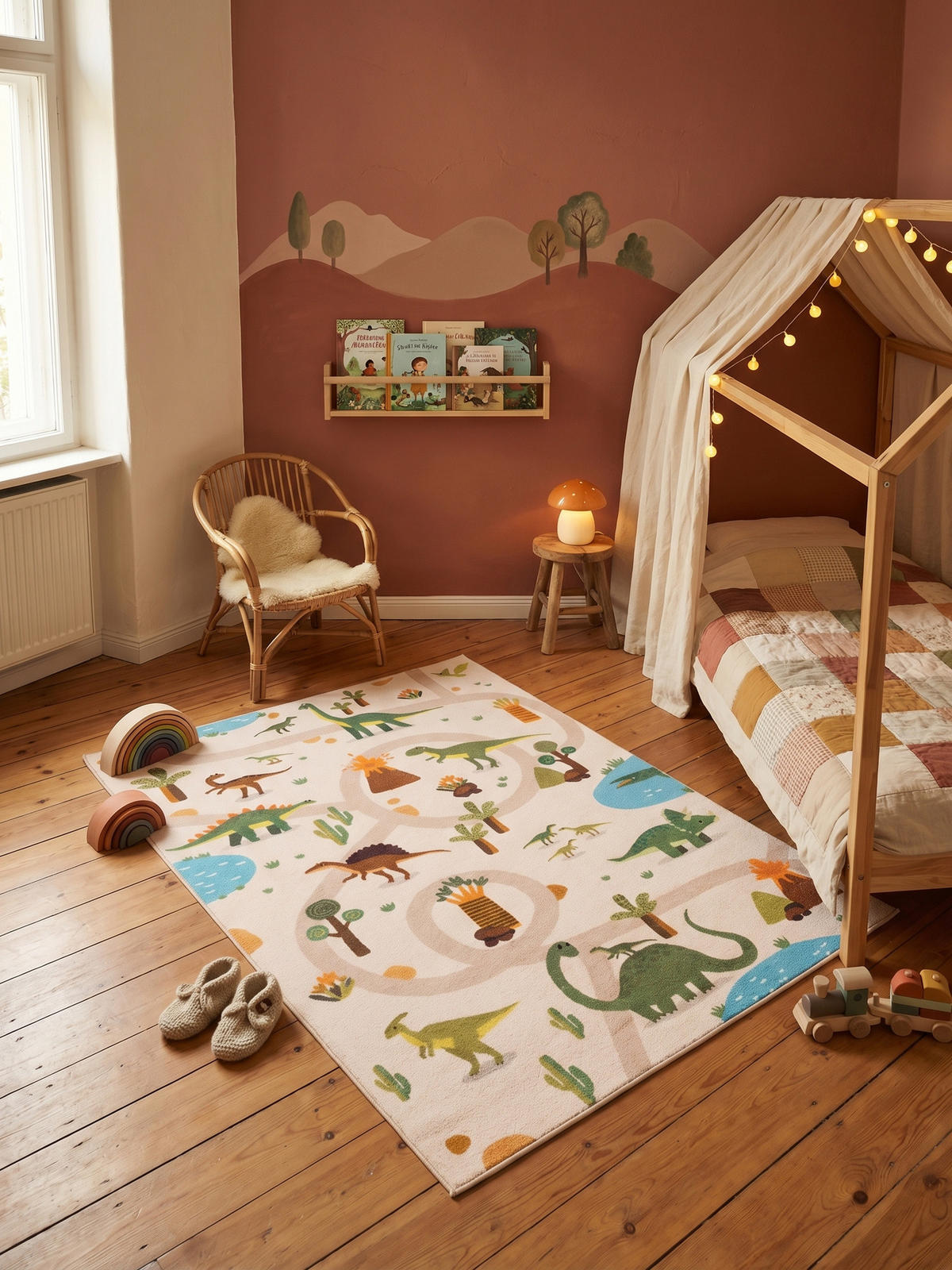 KINDERTEPPICH Kurzflor Dinosaurier-Landschaft Waschbar OEKO-TEX Spielteppich Jungen Mädchen Beige 120x170 – TINO - Beige, Textil (120/170cm) - KADIMA DESIGN