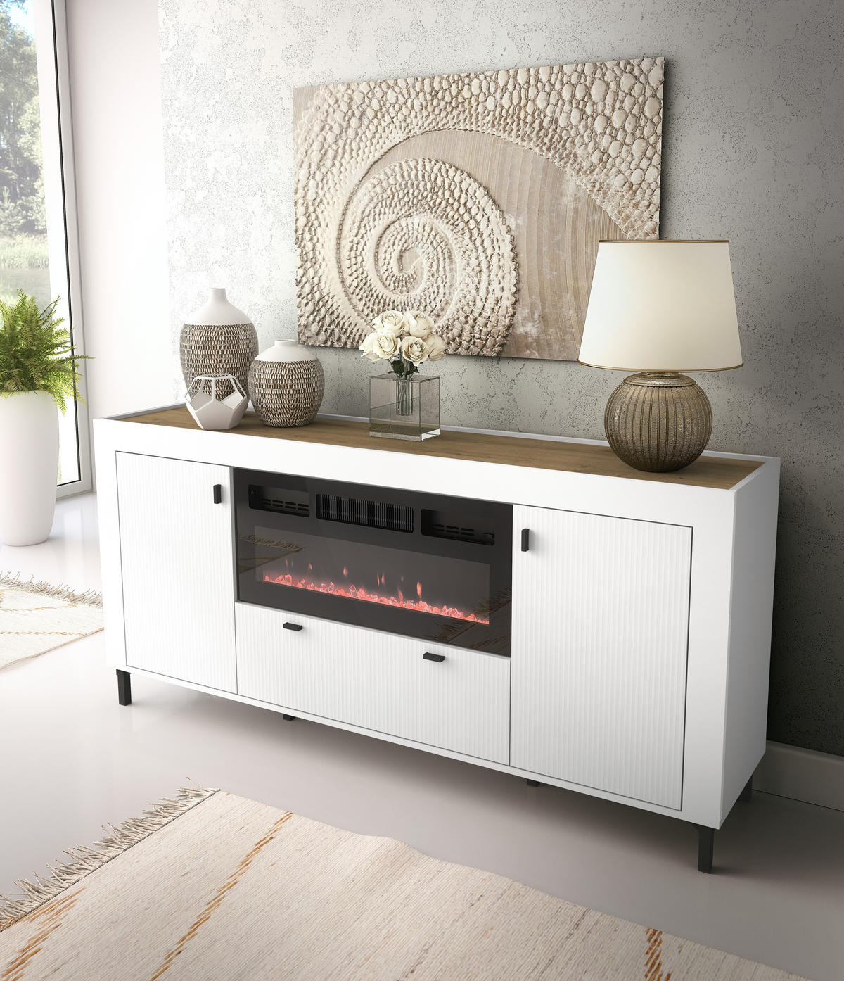 KOMMODE mit Kamin Mossa Weiß, Zweitürige Kommode mit Schubladen und LED - Schwarz/Weiß, Holzwerkstoff (177/84/40cm) - Bettso