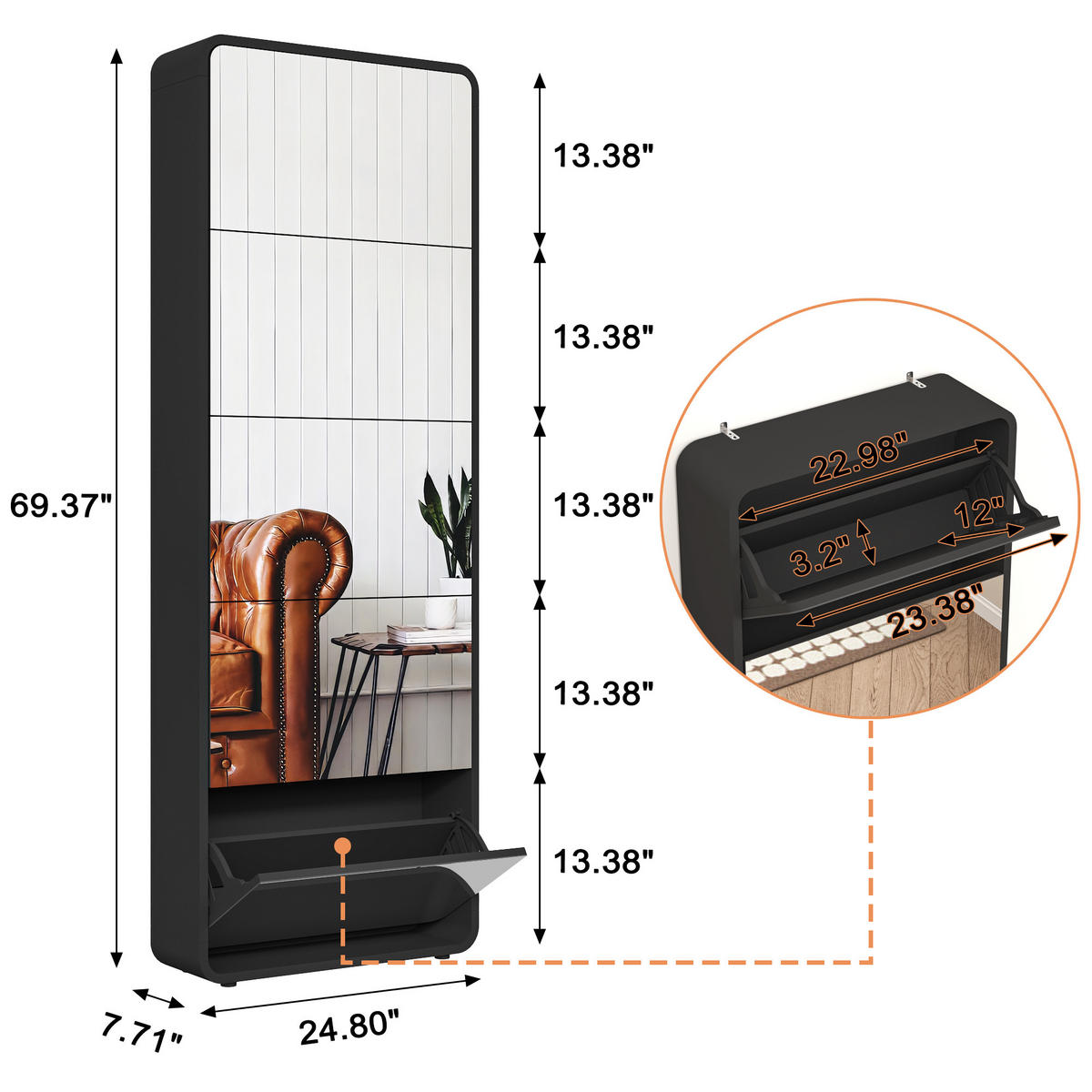 SCHUHSCHRANK aus MDF 63x19.6x176.5cm in Schwarz mit Spiegel - Schwarz, Holzwerkstoff (63/176.5/19.6cm) - Modfu
