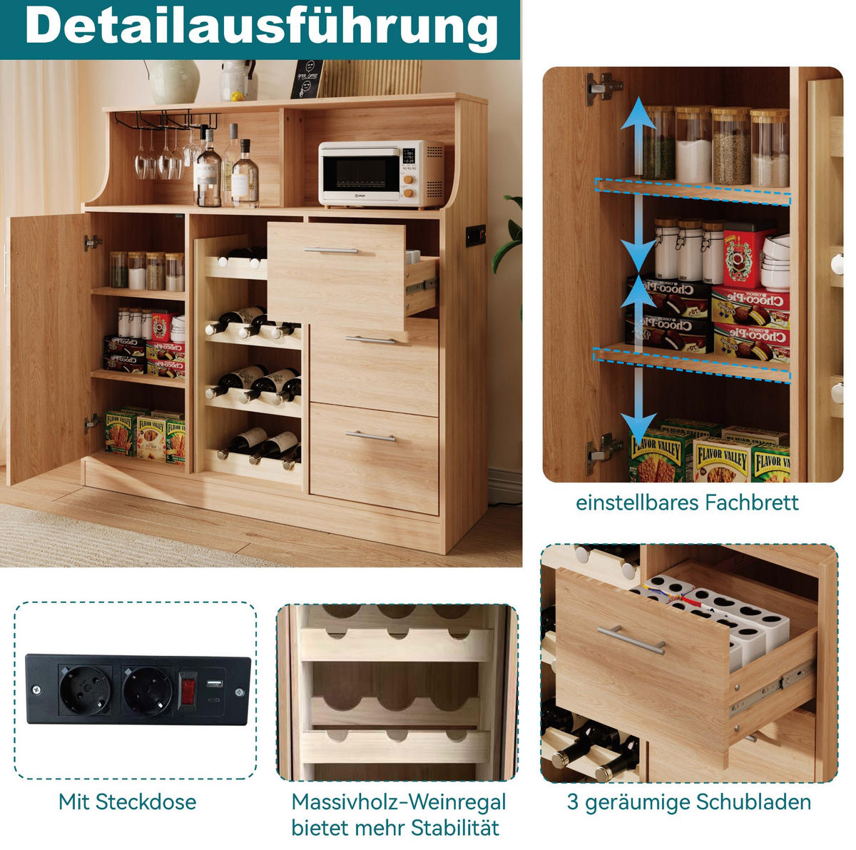 SIDEBOARD 120/40/121 cm mit LED-Beleuchtung, Steckdose, Weinregal und Glashalter, Natur/Weiß - Weiß, Holzwerkstoff (120/121/40cm) - Redom