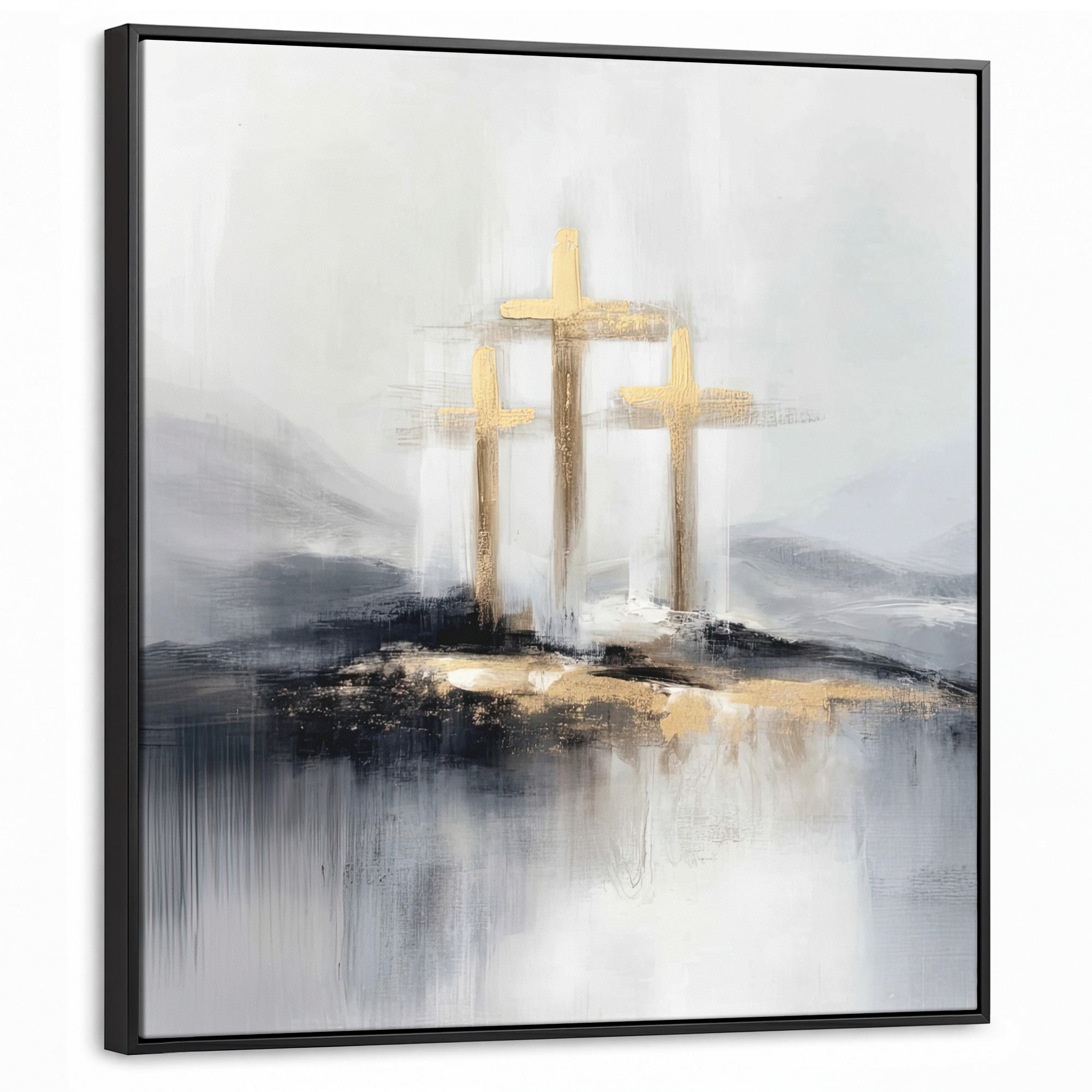 LEINWAND Bilder mit Rahmen - Abstrakt - Malerei - Christentum - Kreuz - 90x90 - Weiß, Textil (90/90cm) - MuchoWow
