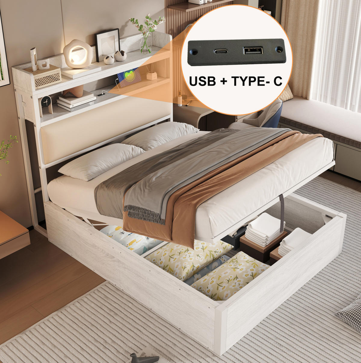 POLSTERBETT 90/200 cm Weiß aus Metall, Stoff und MDF mit Stauraum - Weiß, Metall (90/200cm) - OKMYHOME