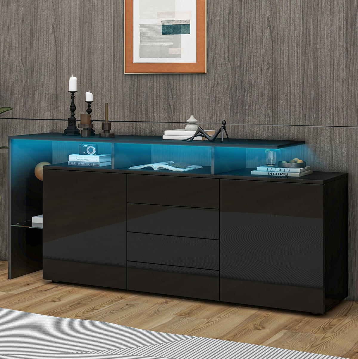 SIDEBOARD aus Spanplatte und Glas 160x35x70 cm Schwarz mit LED-Beleuchtung, 4 Schubladen und Stauraum - Schwarz, Holzwerkstoff (160/70/35cm) - IVMEU