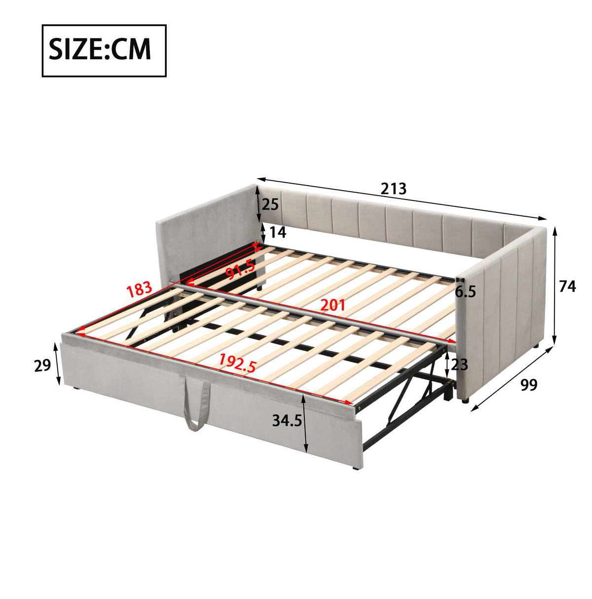 TAPECIRANI krevet od baršuna 90x200/180x200 cm sivi, izvlačni okvir s letvičastom podlogom i naslonima - siva, koža (90/190cm) - Modfu