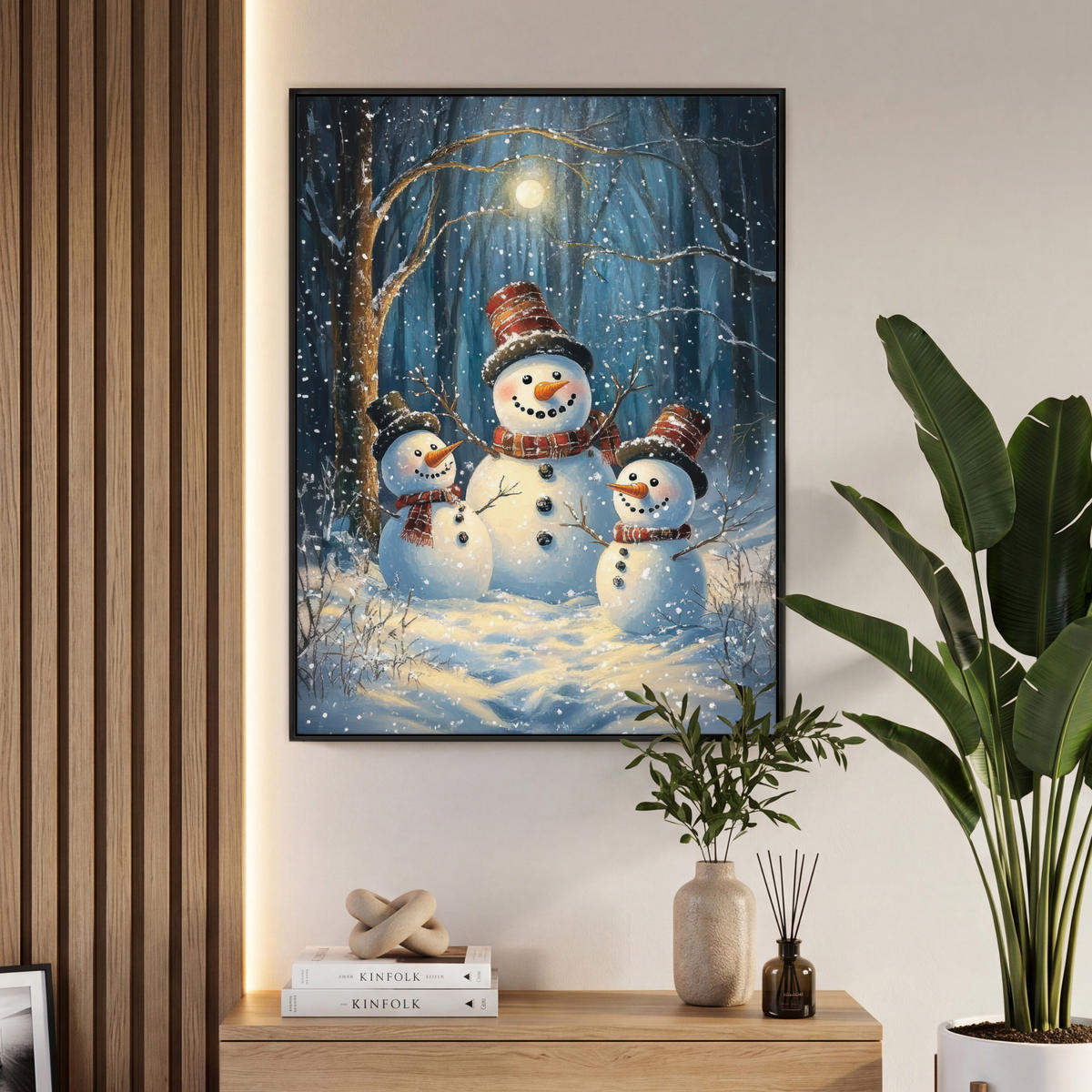 LEINWAND Bilder mit Rahmen - Schneemann - Schnee - Winter - Wald - 70x100 - Hellblau, Textil (70/100cm) - MuchoWow