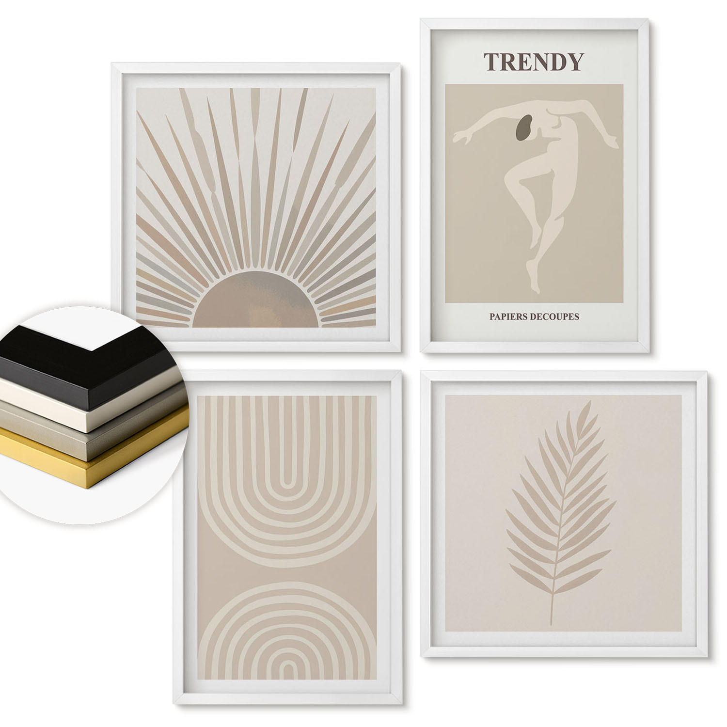 WANDBILDER 4er-Set - 50x50 cm & 40x60 cm Weißer Rahmen - Abstrakte Poster im Boho-Stil in Pastellfarben - Weiß, Kunststoff (50/50cm) - ArtPrintCave