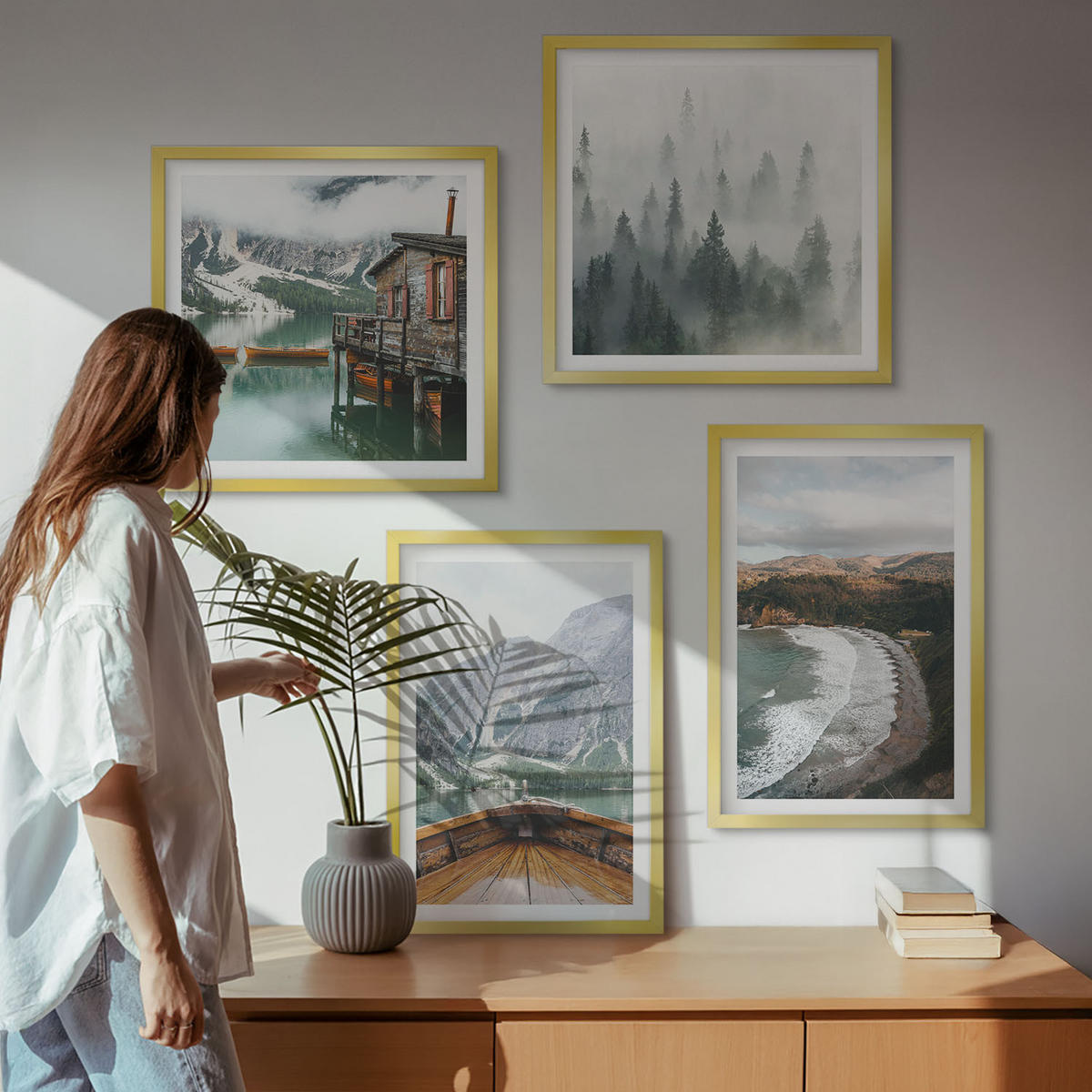 BILDER SET 4er Set - 50x50 cm & 40x60 cm Goldrahmen - Berge, See, Boot, Nebel, Strand - Goldfarben, Kunststoff (50/50cm) - TULUP